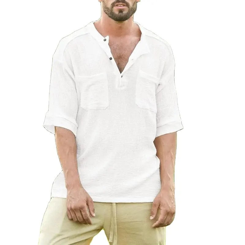 Loose Men Short Sleeve Shirt Custom Logo Summer White Casual Cotton Shirt