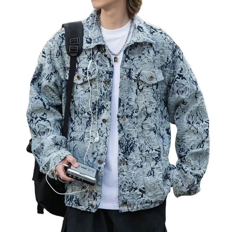 Custom Vintage Jacquard Fabric Mens Denim Jacket